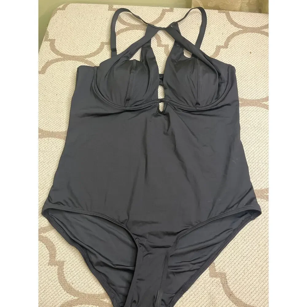 City Chic Cancun Underwire one-piece swimsuit black plunging neckline,size large